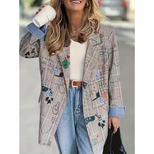 Fashionable Commuting Elegant Long-Sleeve Blazer with Cuff Patchwork and Graffiti Print
