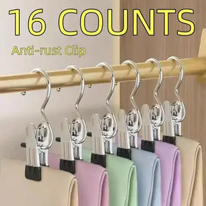 16 Pack Stainless Steel Hanger Clips | No Trace Super Strong Grip Pants Clips with Hooks for Closet Organization & Laundry Drying