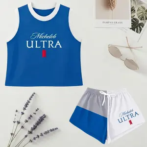 Michelob Ultra Women’s Crop Top and Sport Shorts Set, Blue White Colorblock Logo Graphic Summer Outfit, Gift for Her