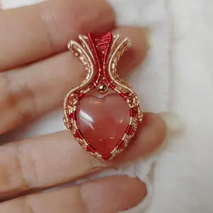 Cherry Quartz puffy heart pendant, wrapped in colored tarnish resistant copper