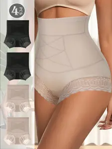 QUASTI 4 Packs Ultra Breathable High Waist Panties with Lace Edge, Sexy Ladies Panties Set for Postpartum Hip Lifting Panties, Breathable Tummy Control Boyshorts for Womenswear Dailywear, S-XXL, 2-Colors