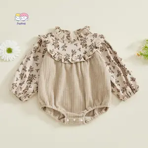 Baby Girls Fall Romper Floral Print Patchwork Long Sleeve Ruffled Frill Mock Neck Ruffled Jumpsuit  			 				