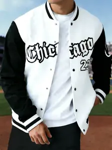 Men's Baseball Academy Jacket, Front Chest 'chicago 23' Print, Block Design, Casual Streetwear