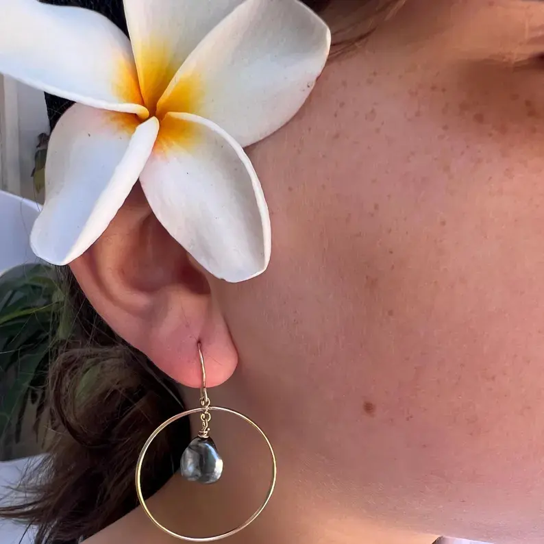 Handmade Tahitian Keshi Pearl Hoop Earrings – Baroque Black Pearls on 14k Gold Filled Hoops