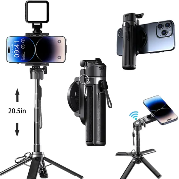 2026 Upgraded 5-in-1 Telescopic Selfie Stick mini Tripod (Telescopic Selfie Accessories), 20.5in Extendable, 360-Degree Rotating, Magnetic & Clamping Cellphone Holder, Rechargeable Remote, Compact Foldable Camera Grip, Vlog Live Tool, Valentine's Day Gift