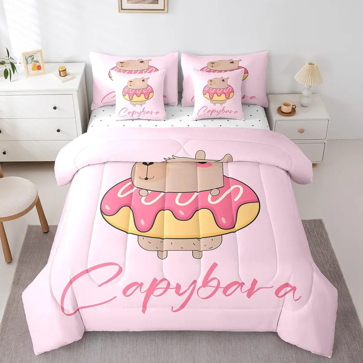 Feelyou Girls' 7-Piece Girly Donut Capybara Bedding Set - Bed-in-a-Bag with Flat Sheet, Fitted Sheet, Kids Comforter, Soft Warm Blanket, Animal-Themed Beddingsets for Halloween, Children's Day