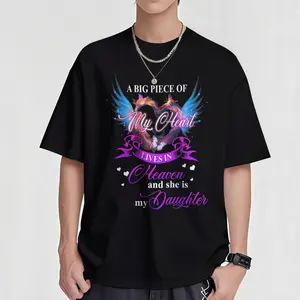 Heartfelt Memorial T-Shirt - "A Big Piece of My Heart Is in Heaven & She Is My Daughter" Graphic Tee - Soft Breathable Short Sleeve Shirt with Butterfly & Heart Design, Machine Washable, Black Cotton Fabric Summer Top daughter men Womenswear Clothes