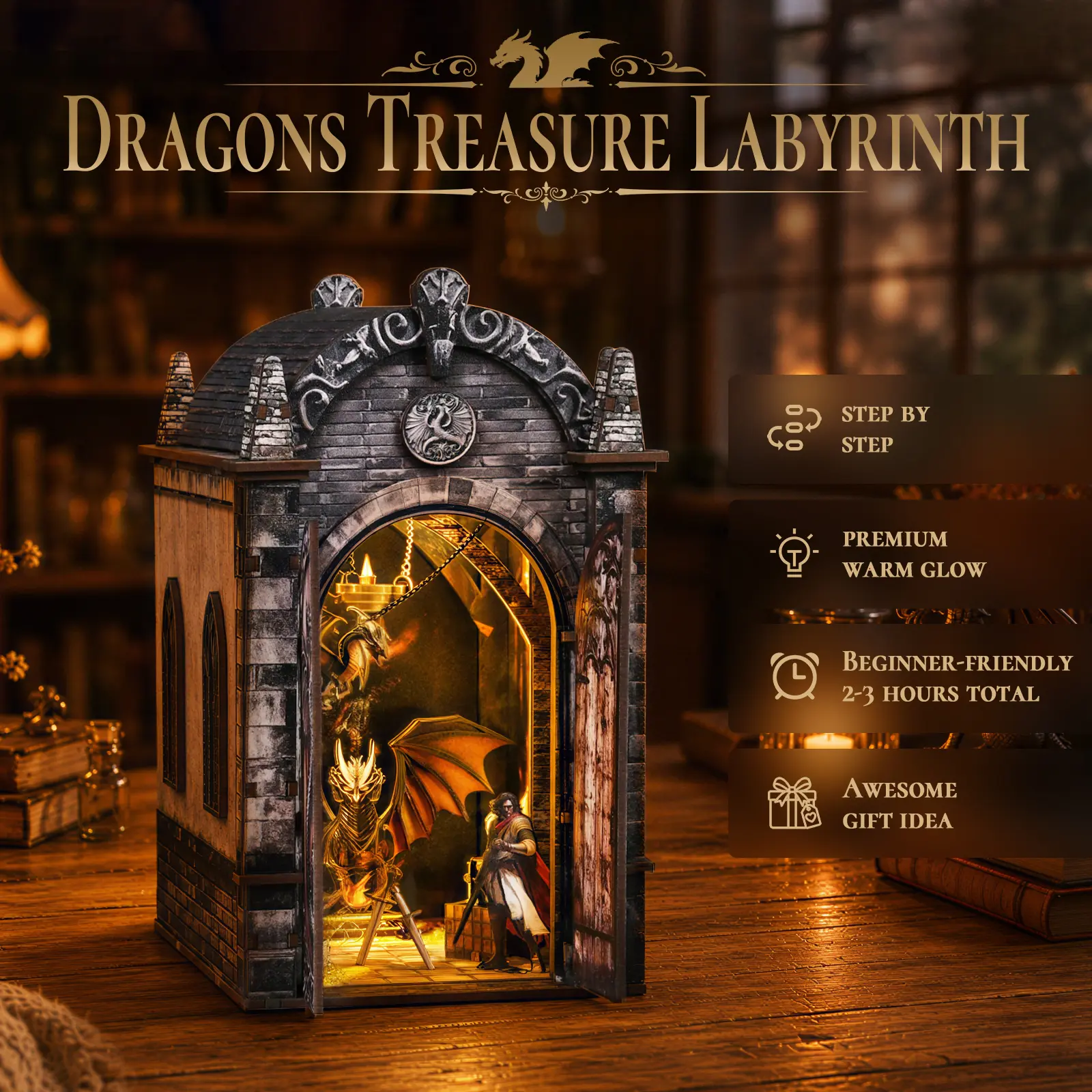 NOANTA DIY Wooden Book Nook Kit, Fantasy Dragon Bookstore Miniature House Model Kit, 3D Wooden Puzzle with Dragon Figurines and Torch Accessories, Desktop Bookshelf Decor Gift for Adults Book Lovers