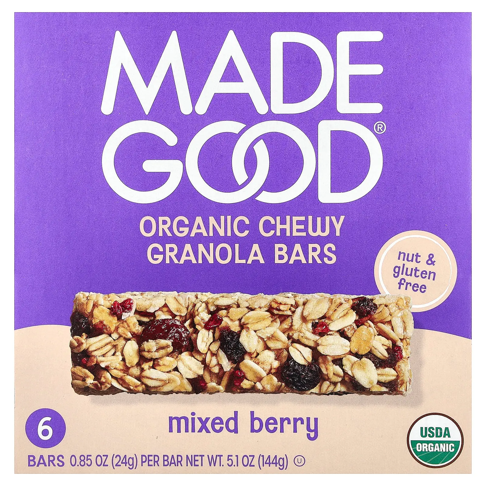 MadeGood Organic Chewy Granola Bars, Mixed Berry, 6 Bars, 0.85 oz (24 g) Each MadeGood Organic Chewy Granola Bars, Mixed Berry, 6 Bars, 0.85 oz (24 g) Each