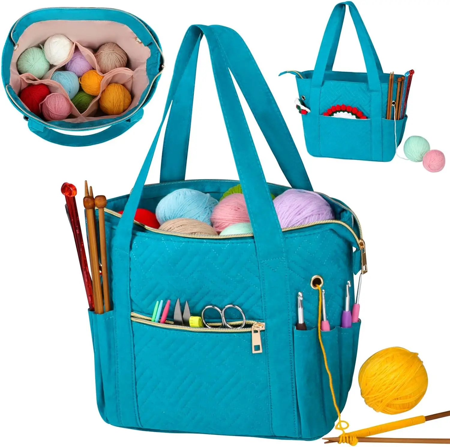 Crochet Bag Organizer for Yarn Storage,  Knitting Tote Bag with Double Handle for Crochet Accessories, Portable Travel Case for Yarn Balls, Crochet Hooks& Knitting  Holder (Teal)