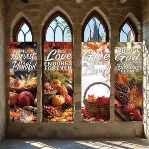 4 Pcs Religious Banners, Polyester Material Harvest religious vertical hanging banners with thanksgiving bible verses printed autumn pumpkin maple leaf pattern suitable for church wall decoration indoor home party holiday decor
