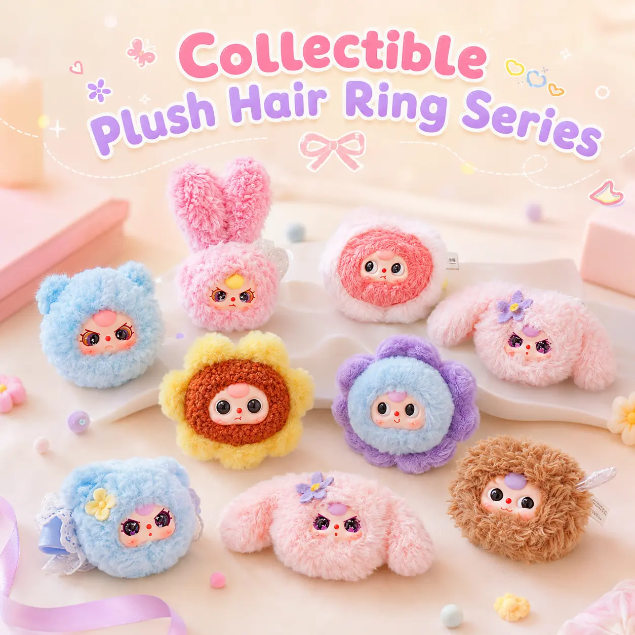 Baby Three Cutie Scrunchie Series Cute Kawaii Plush Hair Tie, Collectible Character Hair Accessory, Soft Ponytail Holder for Girls and Gifts