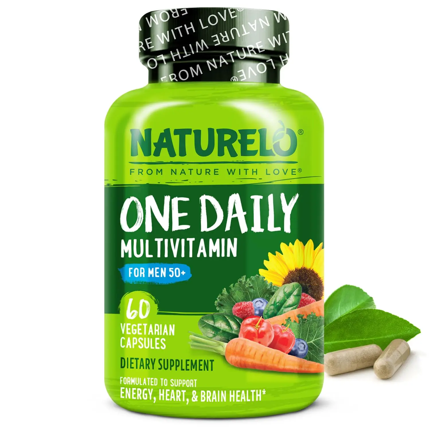 NATURELO Men's 50+ Daily Multivitamin Dietary Supplement, Fitness & Healthcare Support, Organic Whole Foods, Vitamins & Minerals, Energy Boost, Non-GMO, 60 Vegetarian Capsules