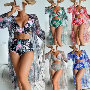 2026 Sexy European and American Women's Swimwear, Two-Piece Cross-Printed Three-Piece Bikini Swimsuit
