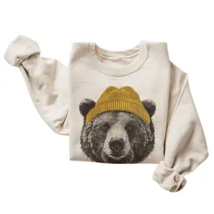 The Grizzly Bear in Beanie Sweatshirt, Cozy Retro 90s Animal Pullover, Fun Wilderness Nature Camping, Unisex Graphic Crewneck Sweatshirt