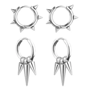 Jemant Spike Hoop Earrings For Men Women Silver Black 316l Stainless Steel Dangle Drop Punk Hip Hop Rock Kpop Y2k Spike Huggie Dangling Earrings Set Non Tarnish Waterproof Jewelry Gift