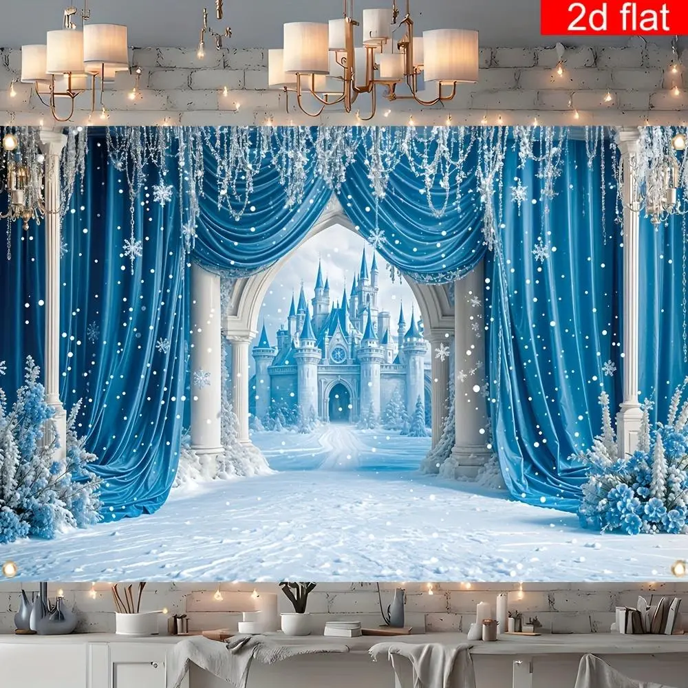 1pc 2D Flat Durable Polyester Christmas Ice Castle Print Banner - 1-Piece Glam Blue Curtain Photography Backdrop, Indoor Holiday Party Decor with White Ornaments, Flat Banner Indoor Textile Decor