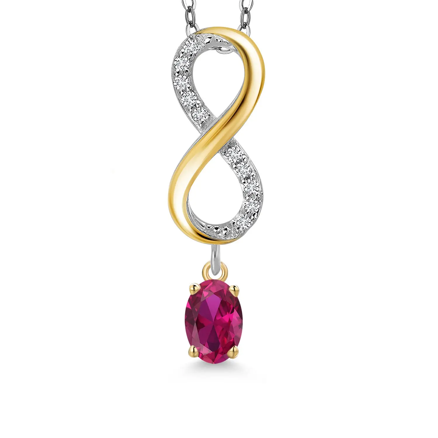 925 Silver and 10K Yellow Gold Red Created Ruby and Lab Grown Diamond Pendant Necklace for Women | 1.08 Cttw | Gemstone July Birthstone | Oval 6X4MM | With 18 Inch Chain