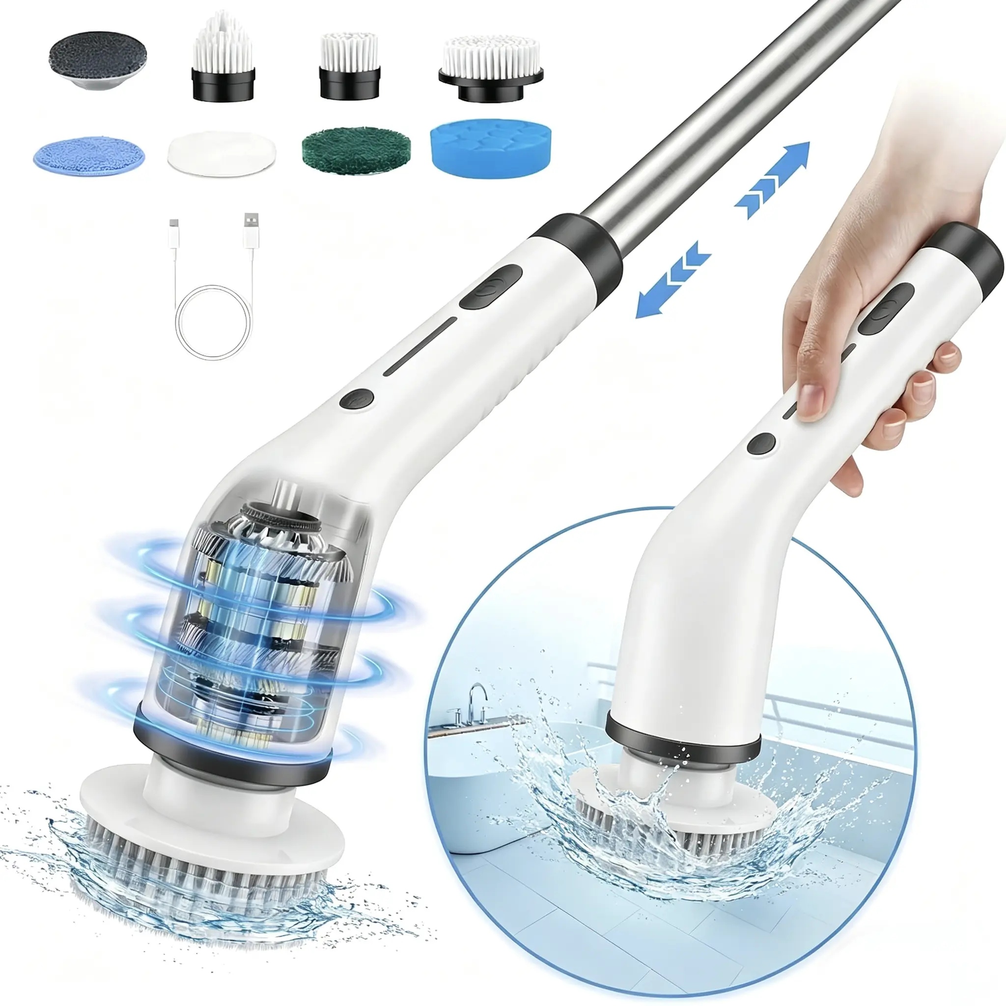 Cordless Handheld Electric Spin Scrubber - IPX7 Waterproof Portable Kitchenware Tool with Adjustable Speed, Extendable Rod, 100-Minute Battery Life, Multi-Surface Brushes, Kitchen/Bath Bathroom Deep Clean Use, Mother’s Day Gift