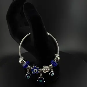 D'Luxe Essentials Stainless Steel Bracelet with Heart Star & Palm Shaped Charm Blue Stars Full Rhinestones Evil Eye Design for Women Fashionable Gift for Valentine's Day