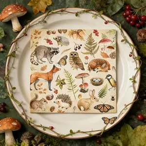 20 Pieces Elegant Forest Animal and Mushroom Theme Party Napkins, in a vintage watercolor style, for seasonal holiday decorations. Suitable for winter holiday parties and afternoon tea table settings, birthday parties, and wedding seasons.