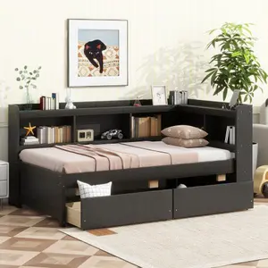 [Bellemave]Twin Size L-shaped Bookcases Bed with Power Outlets, USB Charging Ports,Two Drawers
