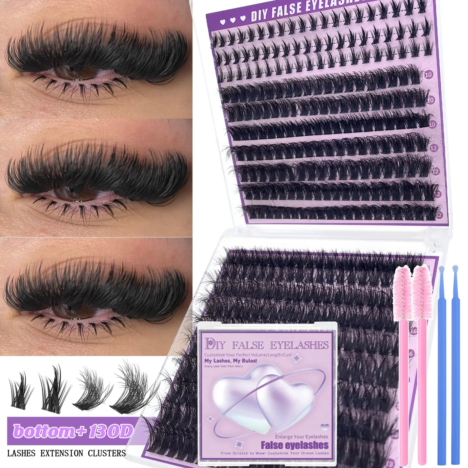 400Pcs Individual Eyelash Extensions with Bond & Seal, Tweezers, Brush, Diy Eyelash Set, 130D Lash Clusters, D Curl Fluffy Eyelash Extensions, 10-18mm Volume False Eyelashes, Reusable Lashes, Volumizing Lashes, Long Lash for Everyday Use Volume Lashes Kit