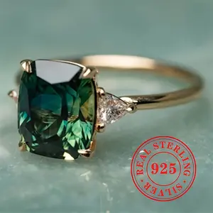 925 Sterling Silver Vintage Exquisite 4 Prong Inlaid Green Synthetic Gemstone Ring For Women Daily Casual Banquet Jewelry Gift
