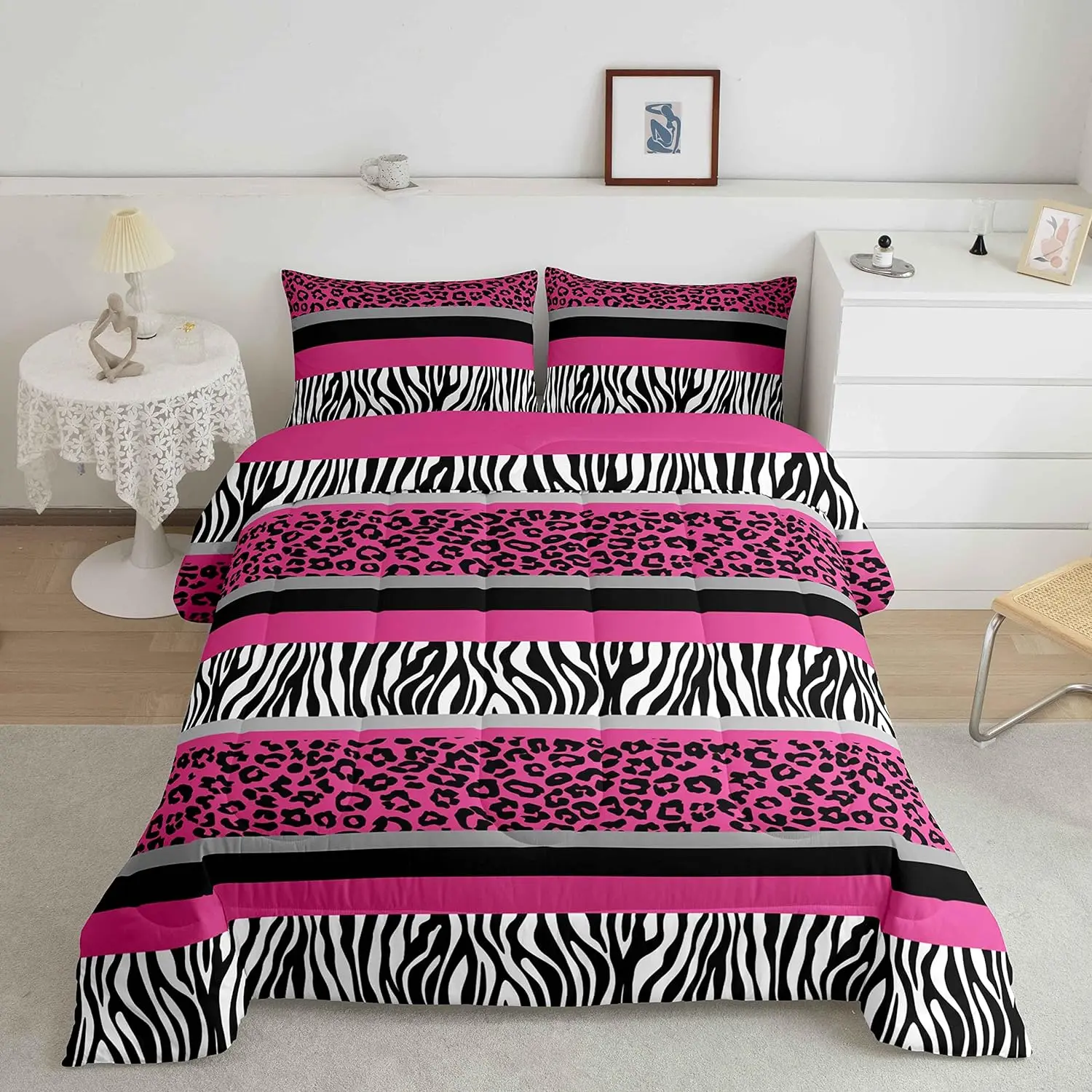 Feelyou Soft Modern Bed Comforter Set - Zebra Stripes, Pink Black White Leopard Patterns, Flat Weave Duvet, Machine Washable, Travel-Ready Wild Animal Texture Bedding Set, Modern Bedding Set