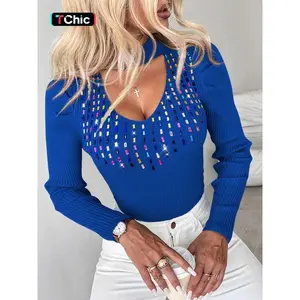 Women's Rhinestone Decor Cut Out Mock Neck Sweater, Elegant Fashion Long Sleeve Jumper for Daily Outdoor Wear, Women Knitwear for Fall & Winter
