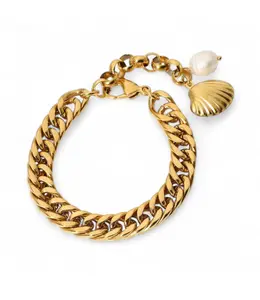 18K Gold Plated Chunky Cuban Link Chain Bracelet with Seashell and Freshwater Pearl, Gold Plated Over Stainless Steel, 7 Inch Length, 10mm Wide, Tarnish Proof, Hypoallergenic, Nickel Free