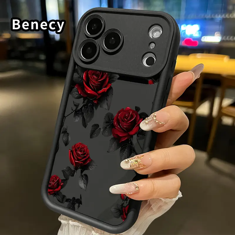 Elegant Red Roses Pattern Silicone TPU Protective Smartphone Cover, Soft Anti-Fall Bumper, Matte Texture, Drop-Cushion TPU Casing, Raised Edges, Durable, Fits iPhone 17 Pro Max,16,15,14 Plus,13,12 Mini,11,XR,X,XS,Air E Accessory
