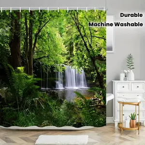 1pc Forest Waterfall Bath Curtain - Tropical Foliage & Green Leaf Jungle Scenery Design, Durable Polyester Fabric with Hooks, Machine Washable for Serene Nature-Inspired Bathroom Decor