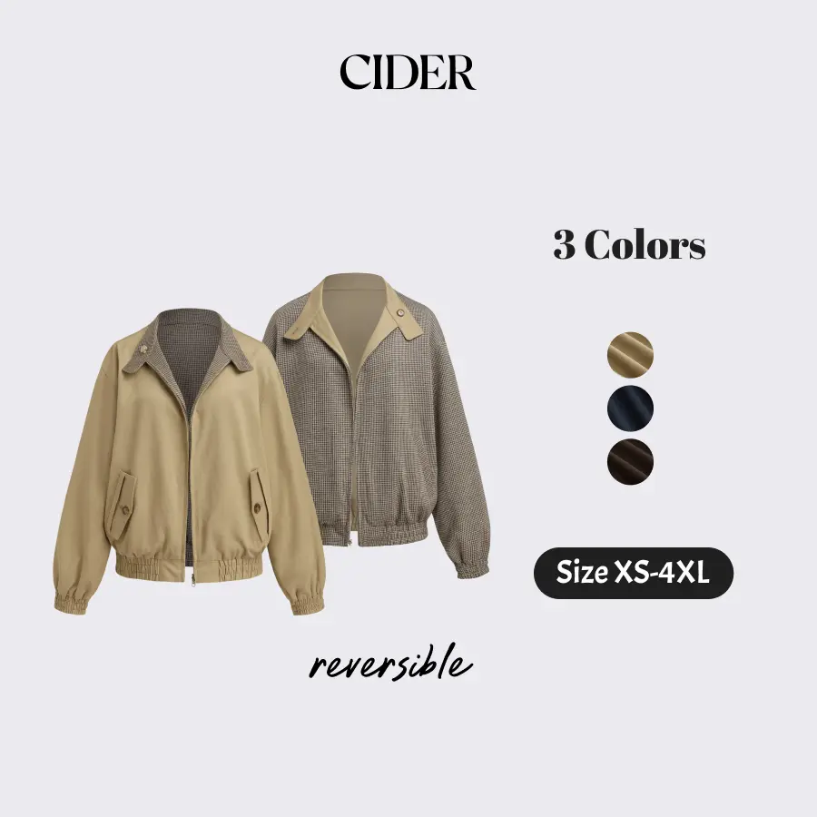 Cider Reversible Cotton-blend Stand Collar Houndstooth Oversized Bomber Jacket SummerFinds
