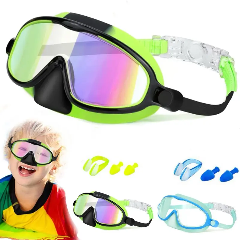 Kids 2-Pack Pool Goggles & Swimming Glasses with Nose Cover, Wide Lens Anti-Fog UV-Protective Shock-Resistant Shatterproof Underwater Gear for Children 3-15, Swim Kit for Kids Who Love to Swim and Dive