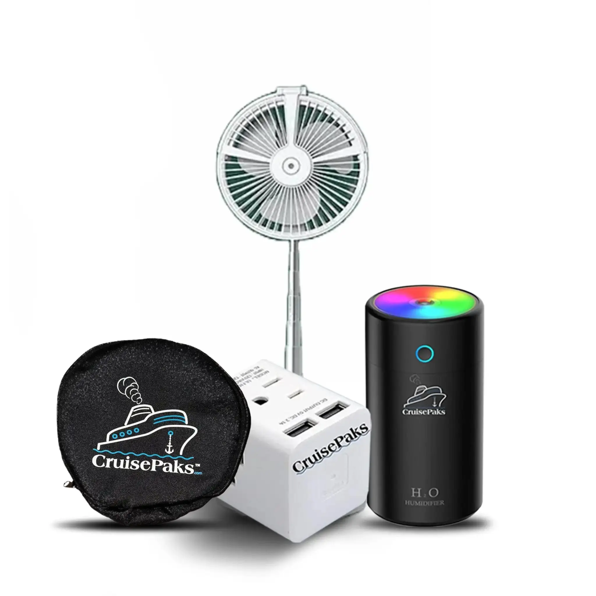 Cruise Essentials Mini Humidifier Wall plug Portable Fan, bag Bundle