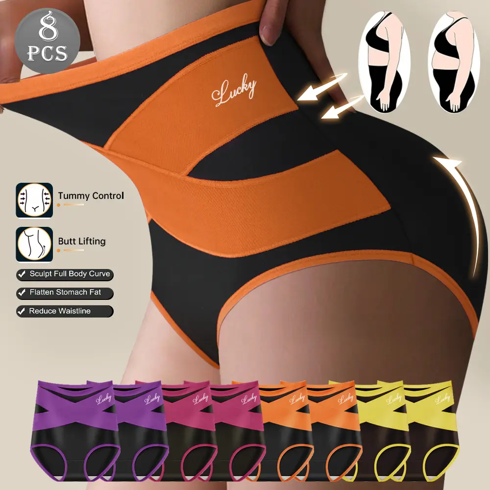 QUASTI 4/8 Pack High-Waisted Seamless Color Block Briefs for Women, Tummy Control & Hip-Lifting Shaping Panties, Soft & Breathable, Highly Elastic Fashionable Mix-Color Underwear, S-XXL