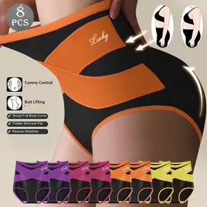 QUASTI 8 Pieces High Waist Seamless Crossover Color block Women's Briefs,Tummy Control Hip Lifting Shaping Breathable Soft Mix Colors Underwear, Highly Elastic Fashionable Elegant Women's Panties, S-XXL Womenswear Purple underwear for women
