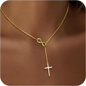 14K Gold Silver Plated Dainty Infinity Long Pendant Charm Necklace, Trendy Non Tarnish Waterproof Cross Necklace for Women