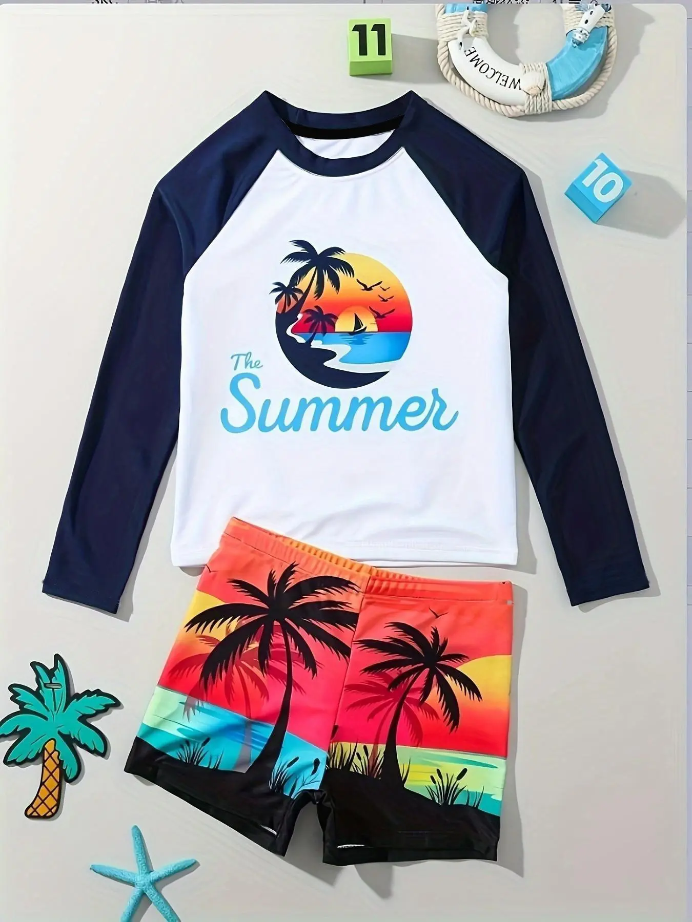 Boys' Fashion Tropical Palm Tree Print Two-Piece Swimsuit, Casual Loose-Fitting Short Sleeve Swimwear, Kids Summer Beachwear, Swimsuit with Shorts, Swimwear Outfits