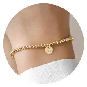 New gold-plated Beads 26 Letter Bracelet Women's Delicate Disc Round Pendant Bracelet Copper Beads Beaded Elastic Bracelet