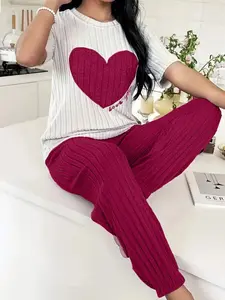 Sweet Heart Sleepwear Set Short Sleeve Long Pants Fashion Comfortable Home Wear, Cozy Night for Women & Girls, Pajama Set, Pyjamas, Pjs, Loungewear