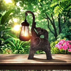 1PC antique bronze double elephant lantern, auspicious elephant resin handicraft, courtyard decoration, indoor and outdoor ornaments, LED light strip, perfect gift item