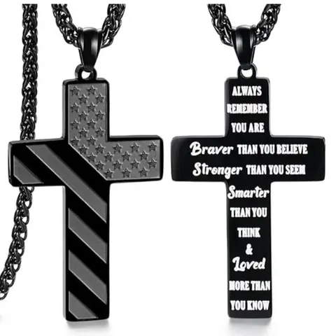 Men's American Flag Cross Necklace - Christian Confirmation, Baptism, New Year Gifts