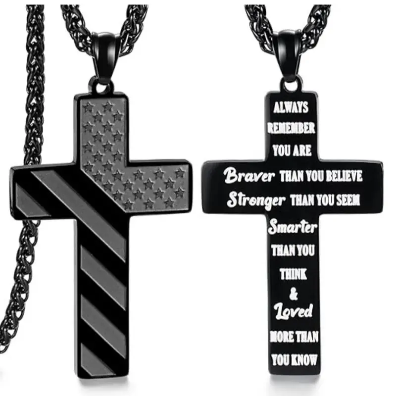 Men's American Flag Cross Necklace - Christian Confirmation, Baptism, New Year Gifts