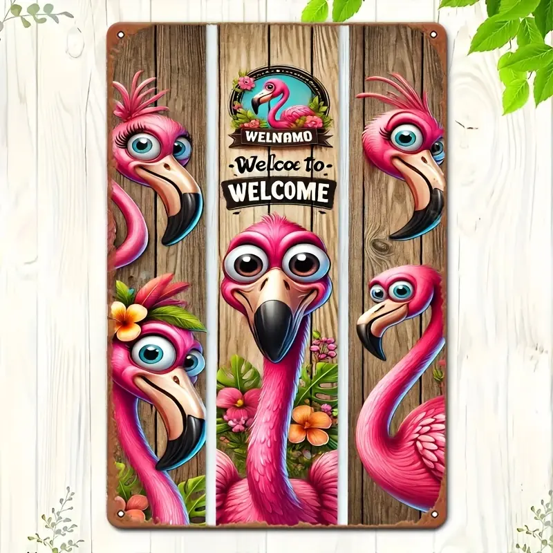 1PC Welcome Three Pink Flamingos - Vintage Metal Tin Painting, Art Decoration, Easy to Install, 20* 30cm , Indoor/Outdoor Hanging Iron Plate Painting, Suitable for Home, Bedroom, Office, Study, Restaurant, Bar, Cafe, Library, Garage, Perfect for Room Deco