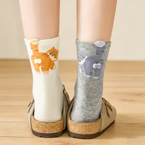 2 Counts Fashion Mid-Calf Socks for Women Casual Animal Print Soft Long Socks 3D Pattern Round-Toe Socks for Comfortable Everyday Wear