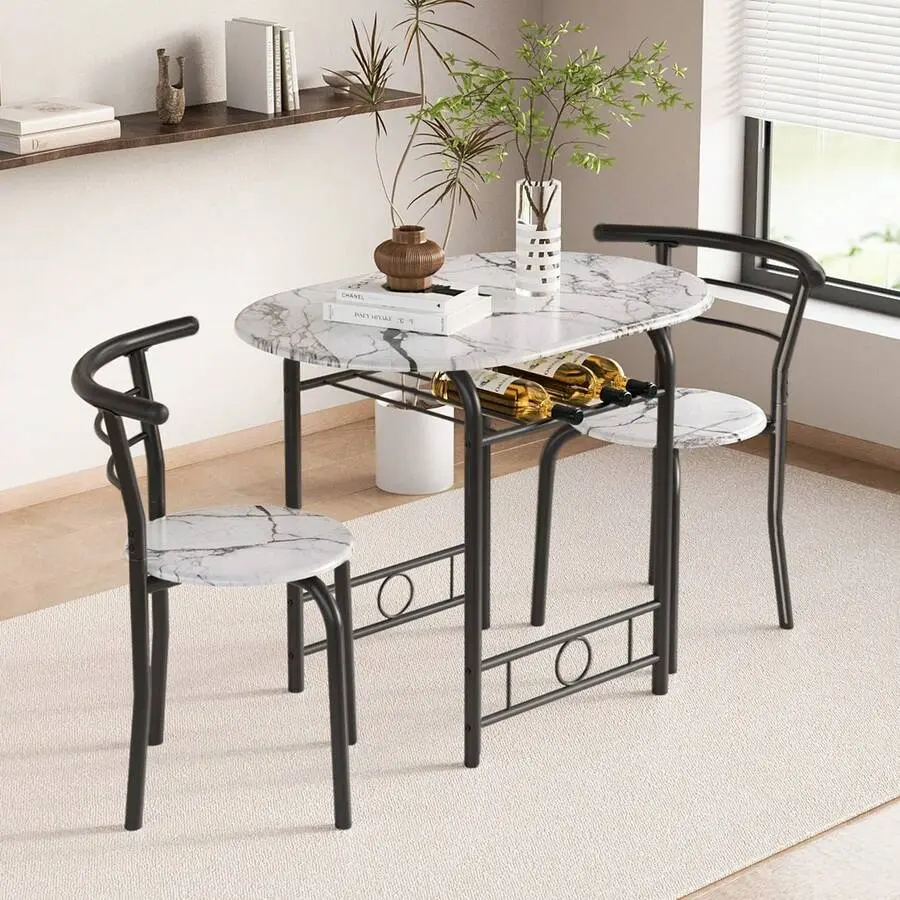 3-Piece Wooden Round Table & Chair Set, Space Saving Kitchen Breakfast Nook Wood Grain Tabletop With Metal Frame And Built-In Wine Rack For Kitchen,