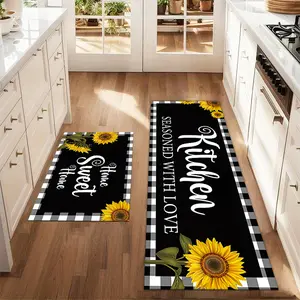 2Pcs black and white checkered sunflower floor mat set kitchen black background printed carpet farmhouse anti fatigue kitchen carpet anti slip washable kitchen restaurant floor sink laundry room decoration carpet mat Kitchen Rugs Sets