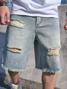 Men's Vintage Distressed Ripped Fringe Denim Shorts, Loose Casual Comfy Streetwear Shorts for Summer, Men's Bottoms for Daily Wear, Fashion Jeans, Menswear, Pocket